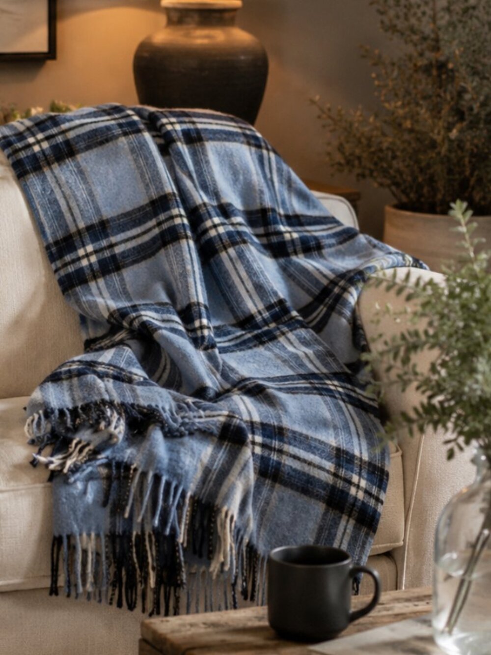 Lambs wool Roca Home Plaid Throw Blanket Blue Blend Fringe LN/NWOT